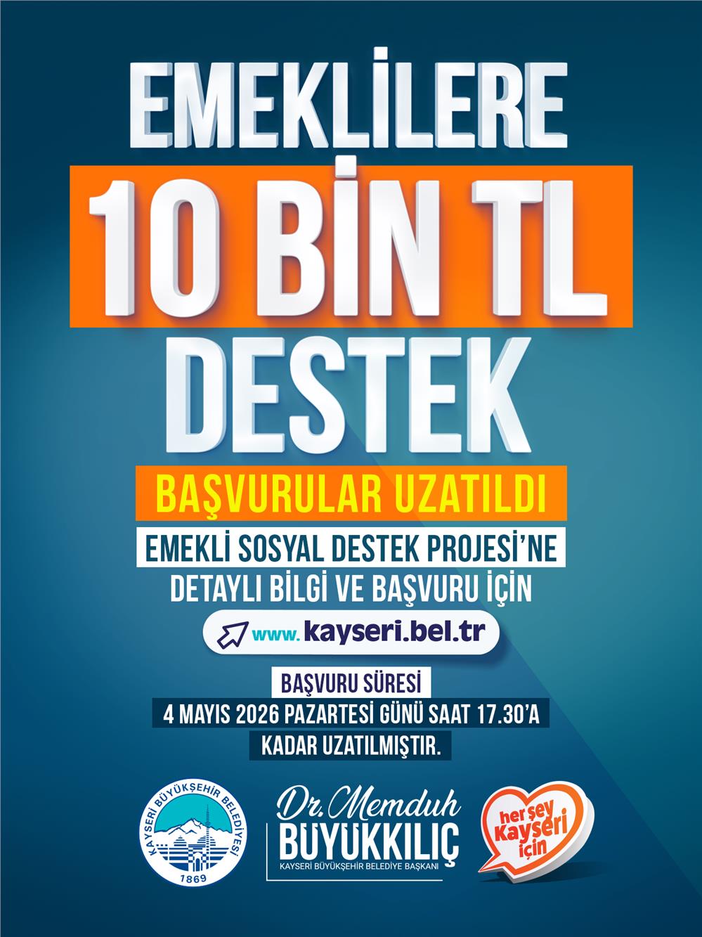 Kayseri'deki emeklilere 10 bin liralık destek başvuru süresi uzatıldı